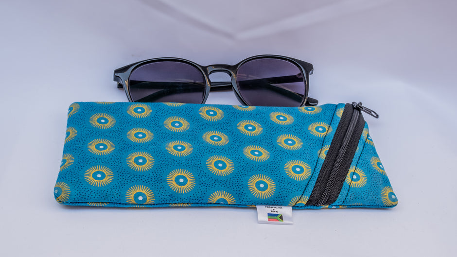 Blue Shweshwe Zip-Up Sunglasses Case & Multi-Purpose Cotton Pouch