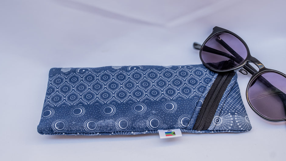 Dark Blue Shweshwe Zip-Up Sunglasses Case & Multi-Purpose Cotton Pouch