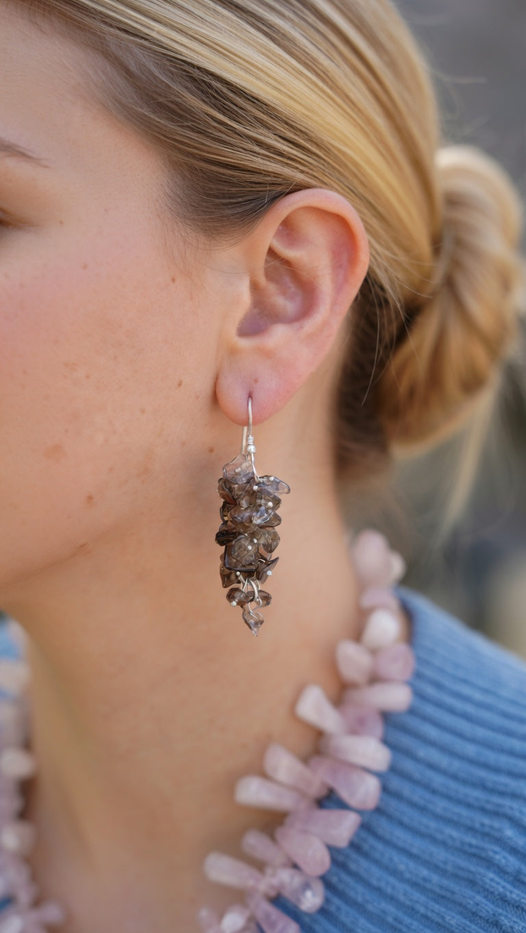 Smoky Quartz Chip Drop Earrings with Sterling Silver Hooks